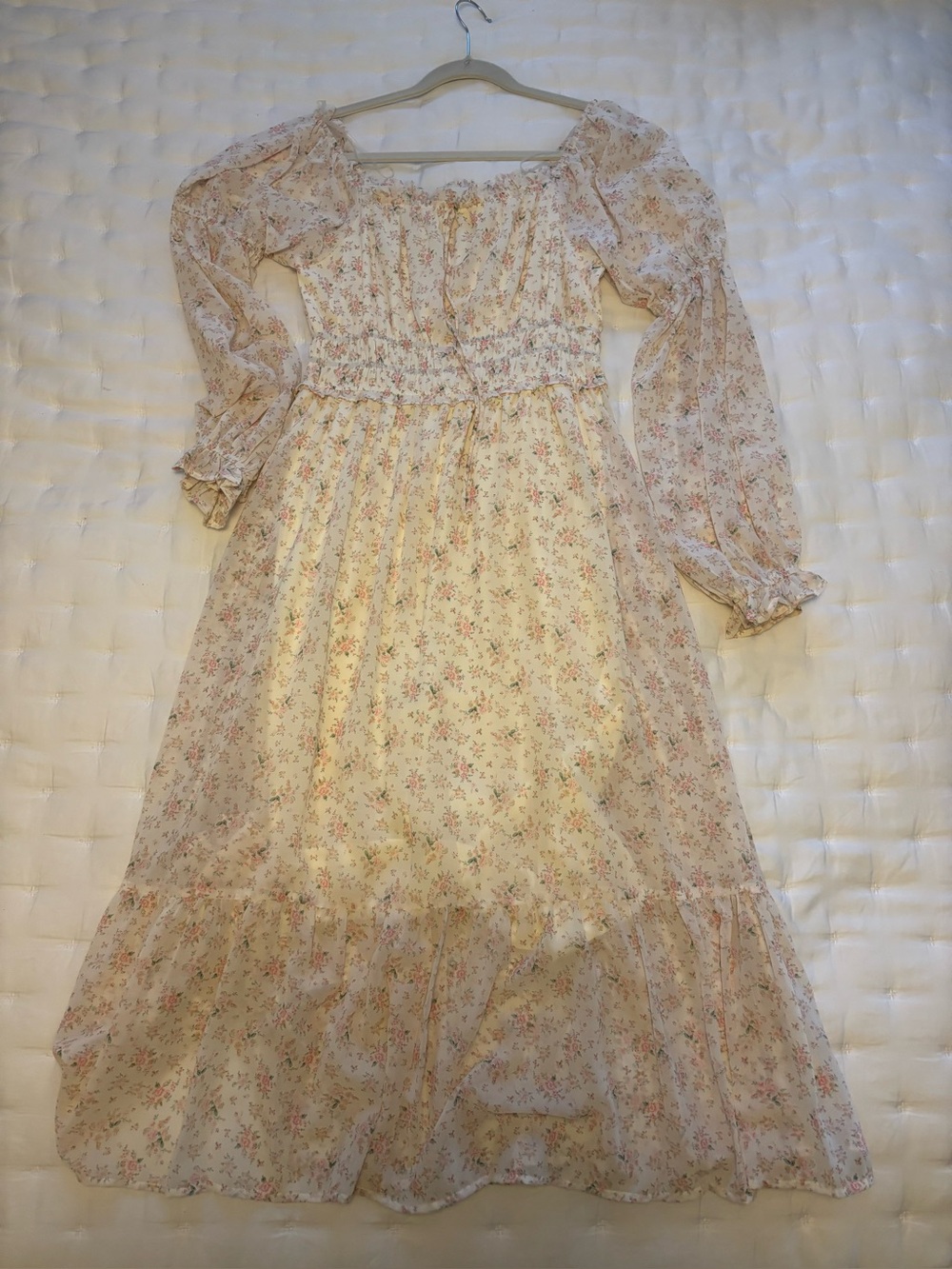 Altar'd State Cream Floral Tiered Maxi Dress with Pink Accents